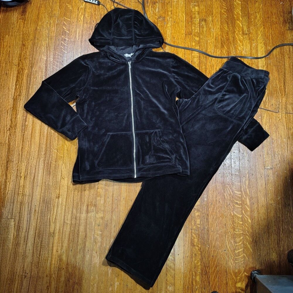 Christopher & Banks Blk Velour 2pc Full Zip Hoodie&Pants Size L/T410